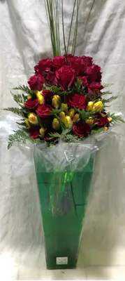 Exclusive Ecuador Roses 60+  stems in Heavy Clear Pyramid Glass Vase (height +70cm).