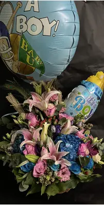 Arrangement for new born baby  boy. Exclusive + Balloon + Teddy Bear.