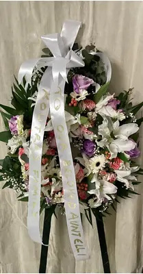 Funeral wreath on "oasis moss standing  base"