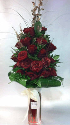 (21) red roses bouquet  A' quality Dutch gift wrapped with greens + VASE