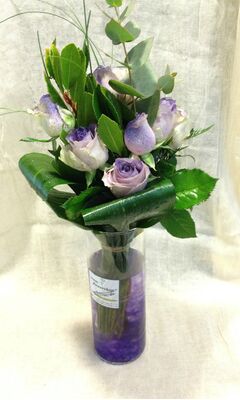 Roses "Safi"  Exclusive Purple Color. Wedding favourites. (11) stems bouquet with greens in vase.