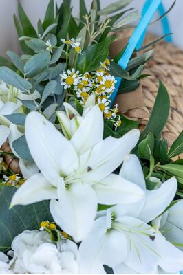 Baptismal "Boy". Flowers in Baskets Decoration.