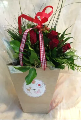Red roses (9) stems in modern water flower bag.