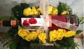 Small Basket with Season Flowers + (1) Bottle Wine
