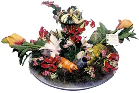 Arrangement on tray.Tropic flowers & fruits!!!