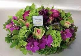 Orchids and roses on metal tray with accessories!!!