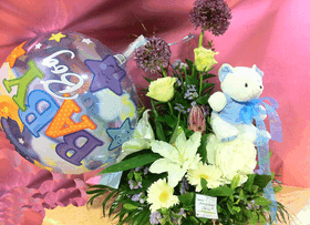 Ceramic pot with flowers teddy bear and helium balloon