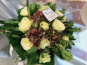 Bouquet (12) white roses A' quality Dutch with greens gift wrapped.