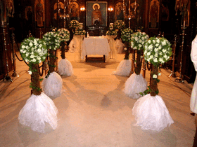 Wedding decoration.Corridor with tree flower balls.