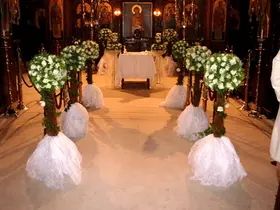 Wedding decoration.Corridor with tree flower balls.