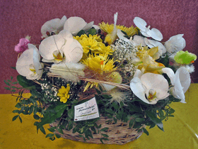 Flower arrangement in basket with Easter accessories