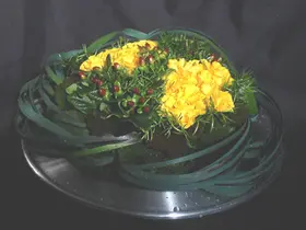 Arrangement on aluminum tray.Grouped flowers!!!