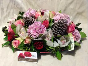 Orchids and roses on metal tray with accessories!!!