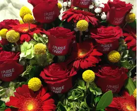Printed roses (20) stems. "Your Message" In Basket Arrangement with Season Flowers. Exclusive.