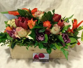 Arrangement of flowers in excellent "spring wooden"  pot !!!