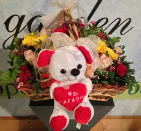 Valentine arrangement (9) red roses + balloon + bear