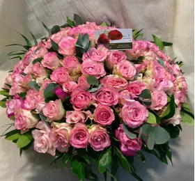 Pink Roses (100) stems round basket arrangement
