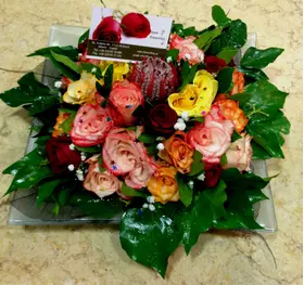 Flower arrangement on tray. Multi color roses combination !!!