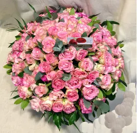Pink Roses (100) stems round basket arrangement