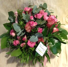 Pink  Roses (30+) stems round basket arrangement. Exclusive Varieties !