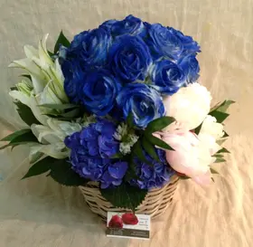 Arrangement of flowers for new born baby + stick balloon + teddy bear- Exclusive!!!