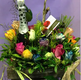 Wooden frame flower arrangement with Champagne !!!