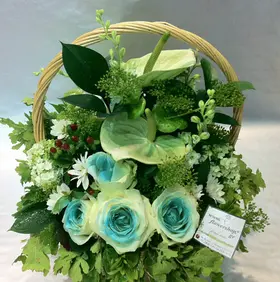 White and blue flowers (also white and pink) in basket for new born baby !!!
