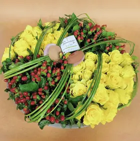 Arrangement on aluminum tray.Grouped flowers!!!
