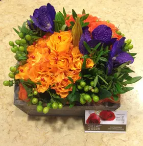 "Grouped" colored flowers in basket. Colored  Spring !!! (35cm basket size)