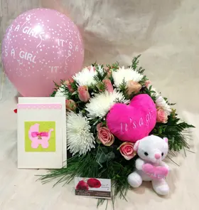Arrangement  "Super Pack" for new born baby girl + Balloon +Teddy !!