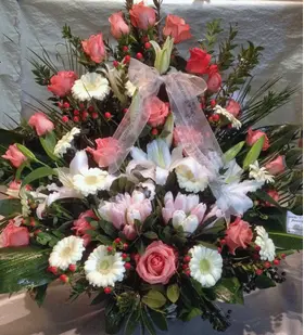 Pink colored flowers in basket. Pinky Spring