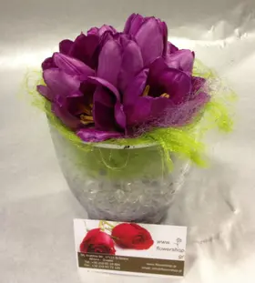 Glass vase tulips flower arrangement. Random Colors !!!