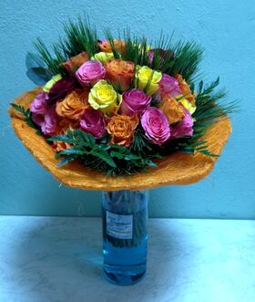 Roses Multi Color In Vase With Decorative Sisal & Water Dye.Exclusive
