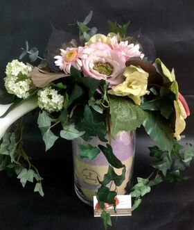 Artificial Flower Arrangement In Glass Cylinder Vase (Height 30cm - Diam.16cm) with decorative colored sand internal layers.