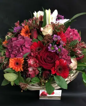 Rainbow colors flower arrangement in basket.Spring flavor !!! Exclusive.