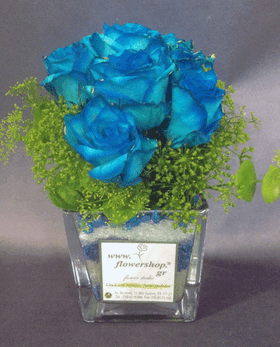 Glass  with "blue(dyed) roses"