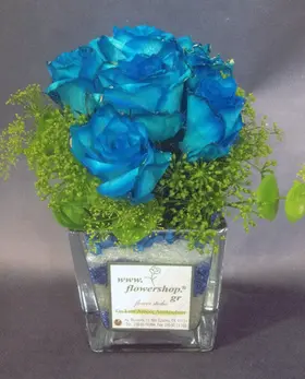 Glass  with "blue(dyed) roses"