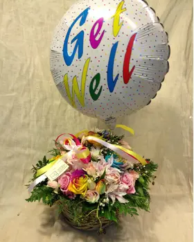 "Get Well Soon" with  Flowers In Basket + Balloon