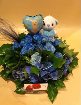 Flowers on tray for new born baby Boy (pink for girl)