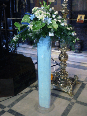 Christenings decoration. Arrangement on plexi glass stand.