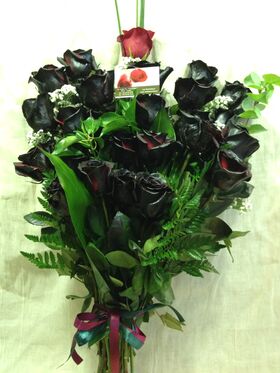 Roses black (21) stems bouquet + vase gift wrapped with greens.