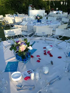Wedding flower & candles decoration with "Blue Vanda" and Season Summer Flowers