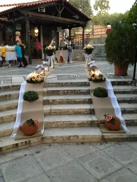 Wedding flower & candles decoration Exterior corridor. Romantic.