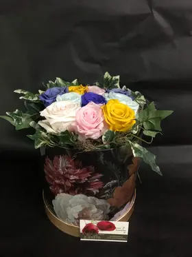 Roses Preserved in decorative  20 cm x 20 cm "Divine  Hatbox". (15) heads.
