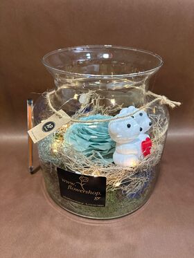 Rose Forever 12cm (head diameter) in "Cylinder vase" with led lights, teddy and decoration