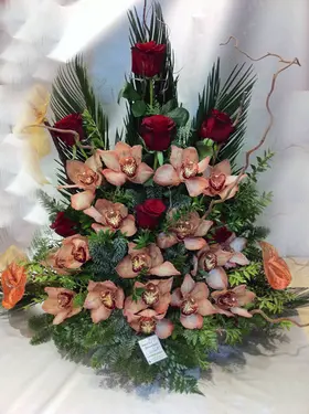Arrangement with exclusive Red roses + Cymbidium ochids !!!
