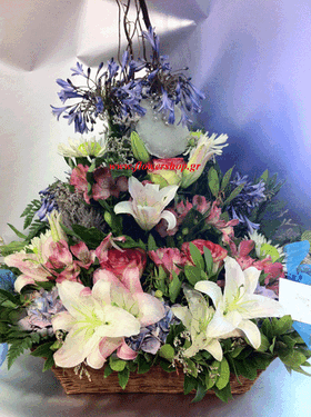 Basket arrangement  with pink season summer flowers
