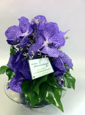 Arrangement with vanda orchids in glass plate