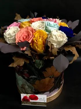 Roses Preserved in decorative  20 cm x 20 cm "Divine  Hatbox". (15) heads.