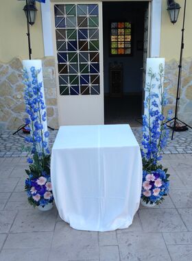 Λαμπάδες γάμου Με "Μπλε Βάντα" & Λουλούδια Εποχής. Καλοκαιρινό Θέμα.